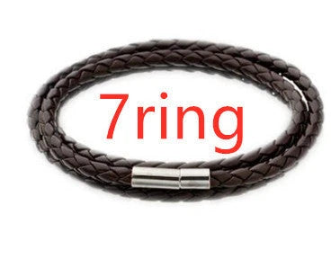 Personalized leather bracelet with engraved name charm for men, featuring a braided design and stainless steel beads