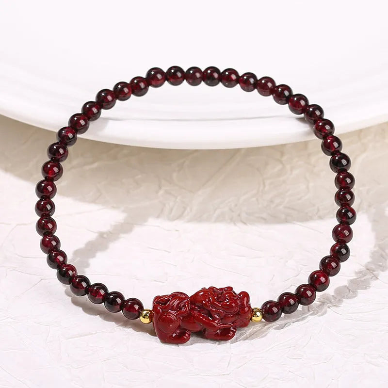 Natural garnet strawberry quartz square bracelet with carved Pixiu design for women