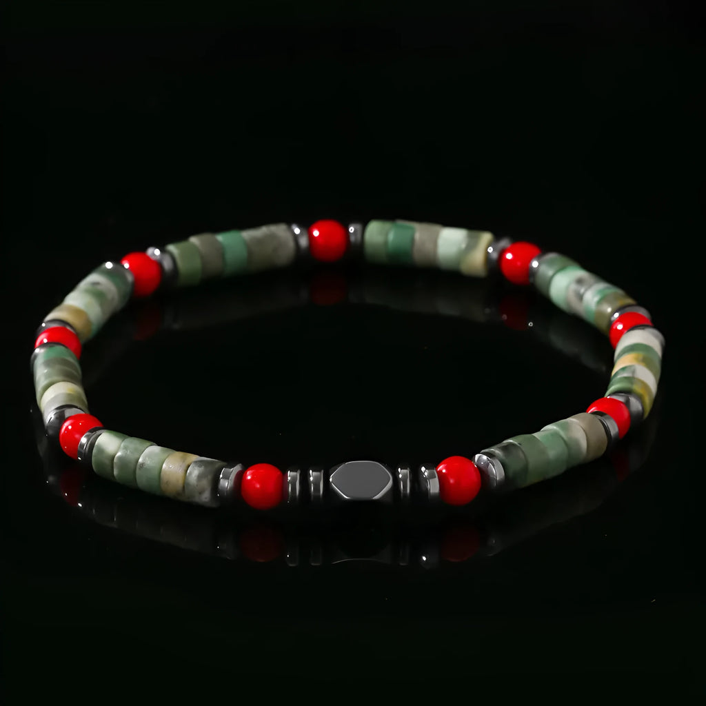 Men's bohemian bracelet with cylindrical natural stone beads on adjustable string closure