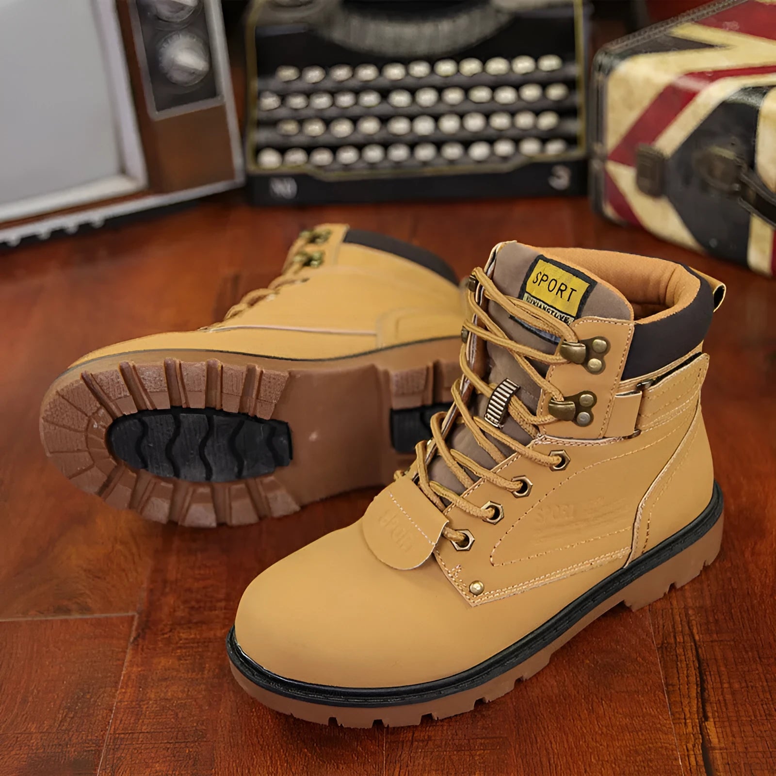 PU leather high top desert work boots in black with lace-up front