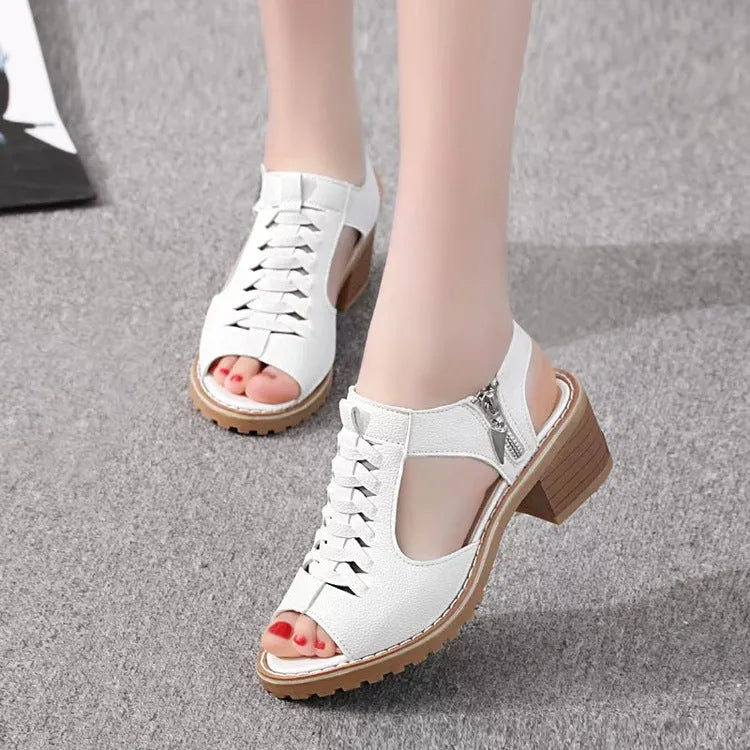 Retro-style women's sandals with side zipper and middle heel in black, white, and creamywhite colours.