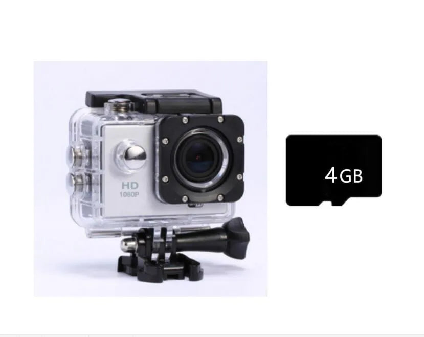 HD 1080P waterproof action sports camera in black with 140-degree wide-angle lens and 30m depth rating
