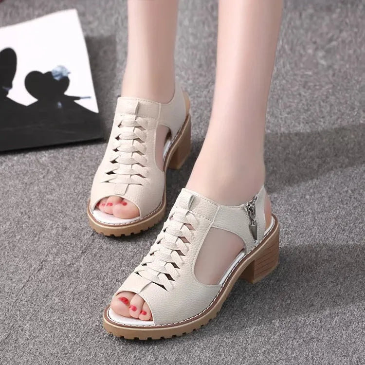 Retro-style women's sandals with side zipper and middle heel in black, white, and creamywhite colours.
