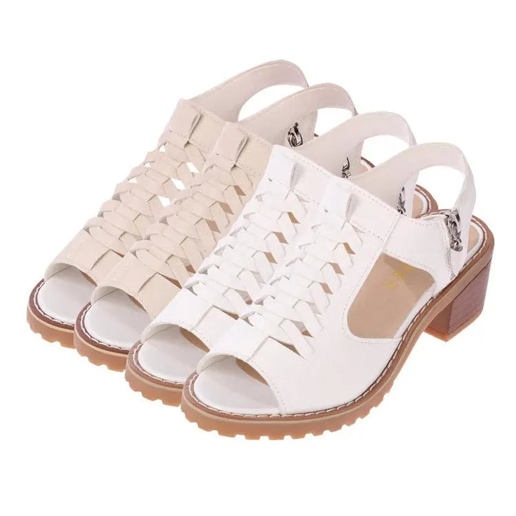 Retro-style women's sandals with side zipper and middle heel in black, white, and creamywhite colours.