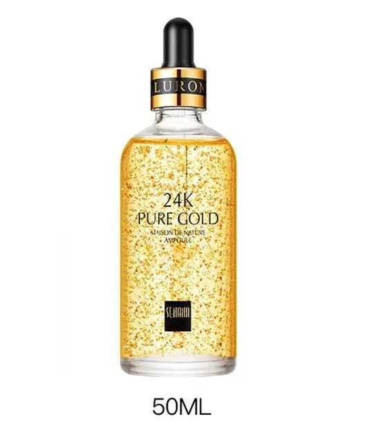 24K gold nicotinamide anti-aging facial essence in a glass bottle with three size options 15ml, 50ml, 100ml
