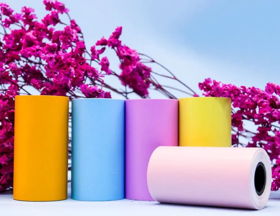PerPage Mini wireless portable thermal printer paper rolls in regular, sticker and label styles, multiple colours