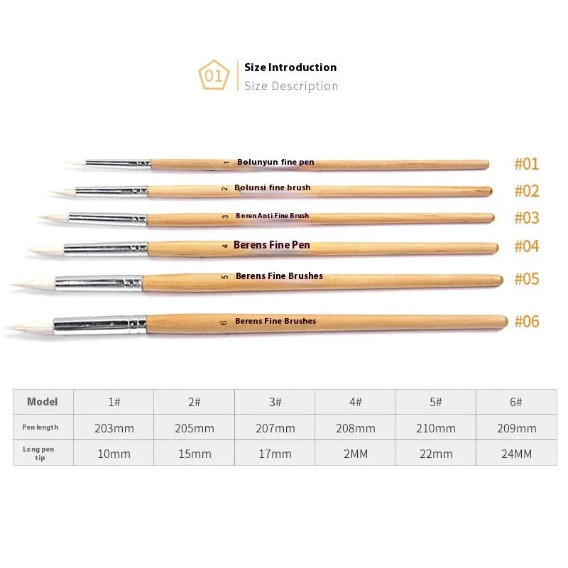 Wooden pen brush set containing six artist brushes with pointed hook line handles