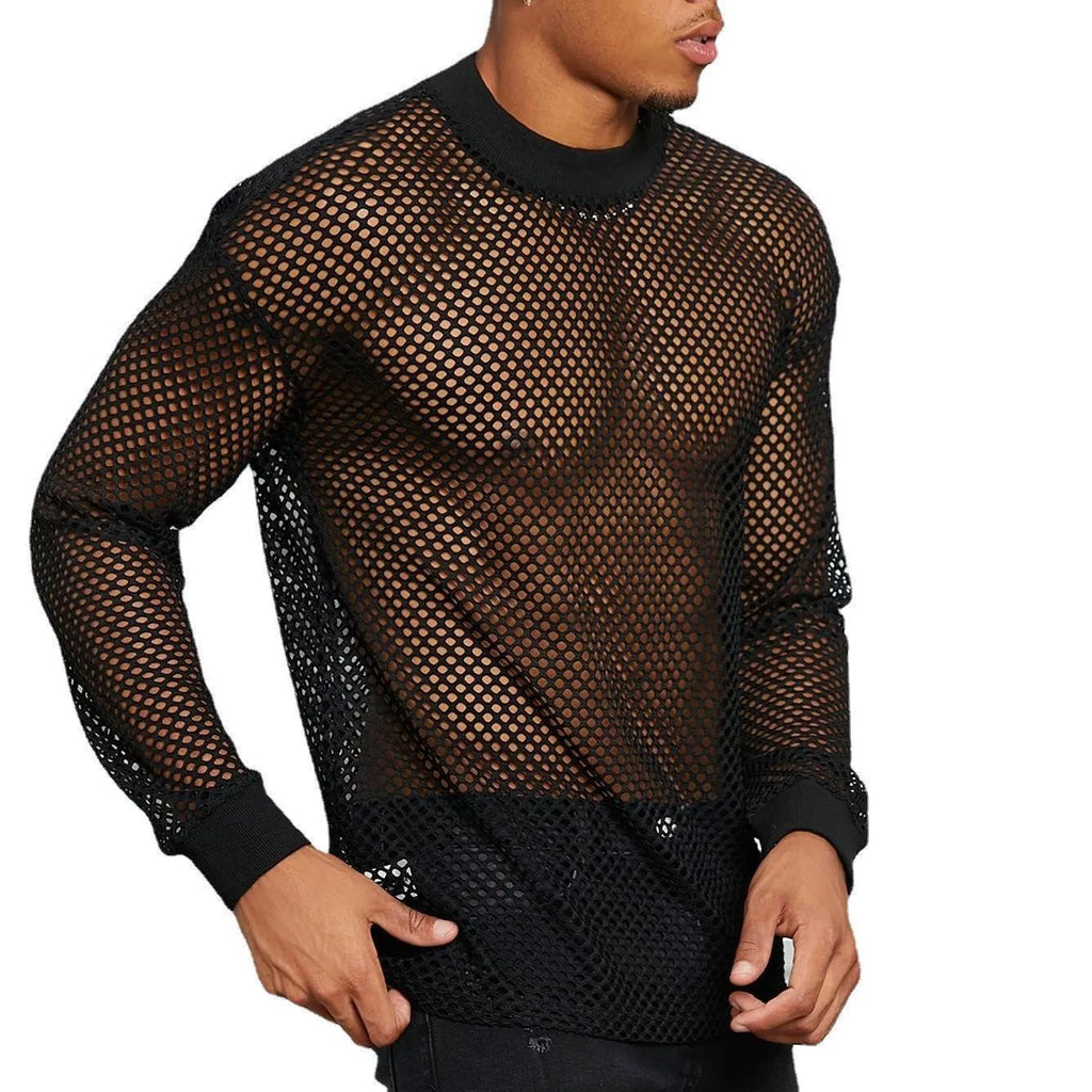 Black men's long sleeve mesh pullover shirt with drop shoulders and hollow design details