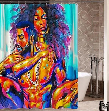 Vibrant Afro-urban printed shower curtain with modern building and African girl design