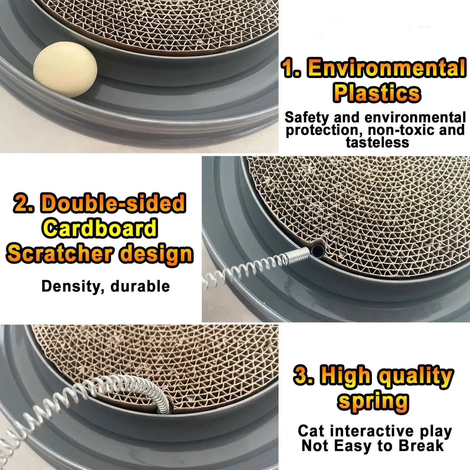 Blue circular cat scratcher toy with ball track and replaceable cardboard scratching pad