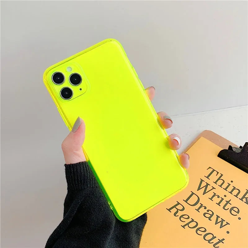 Transparent fluorescent TPU phone case for Apple iPhone 13 14 15, back cover in dark blue orange purple yellow rose light purple.