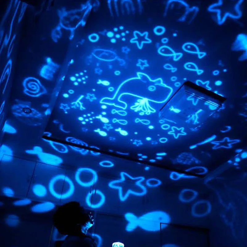Sky Fall projector night light for kids showing constellation projection on a ceiling, USB powered, with five film discs