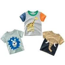 Boys' cotton T-shirt with a cool animal print, shown in sizes from 90cm to 140cm.