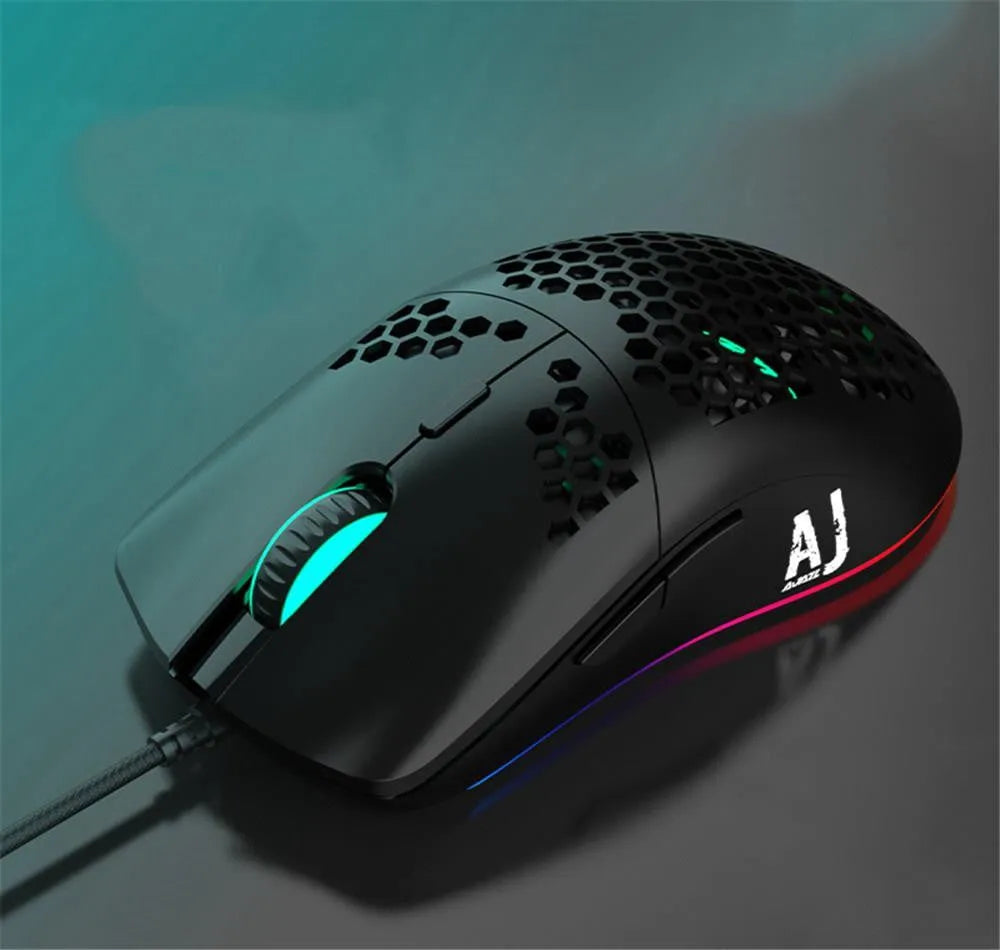 Lightweight hollow hole wired gaming mouse, white or black, with PAW3338 sensor and 1.7m cable.