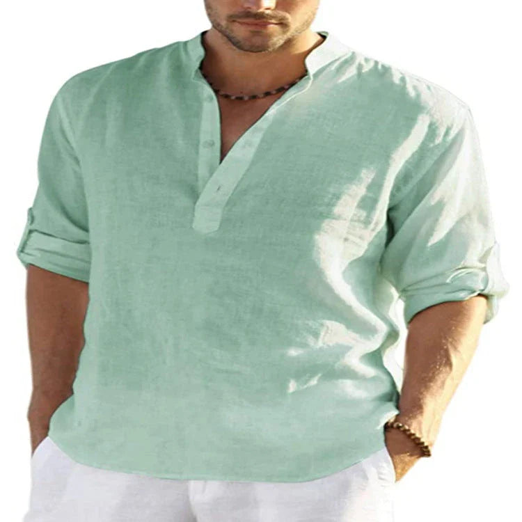 Stylish casual cotton and linen men's shirt with stand collar in various colors