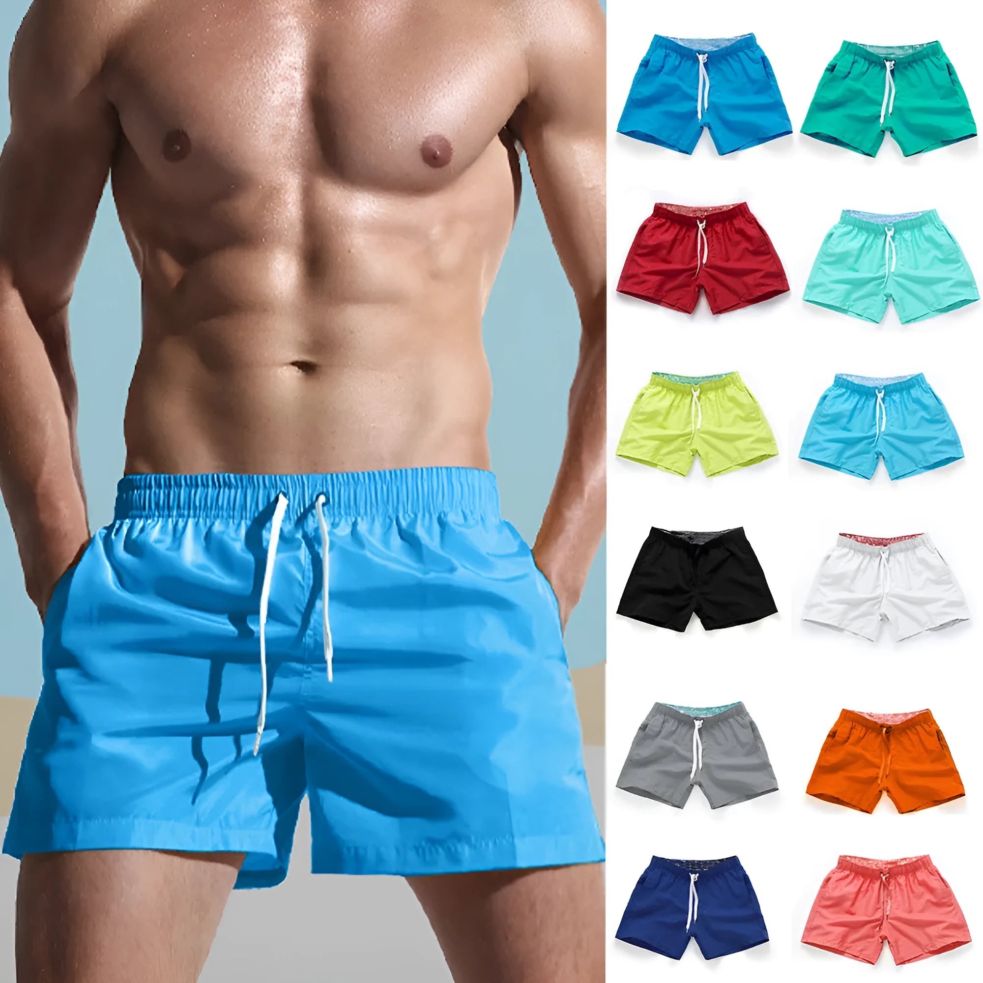 Men's straight leg beach shorts in multiple colours including fluorescent yellow for surfing