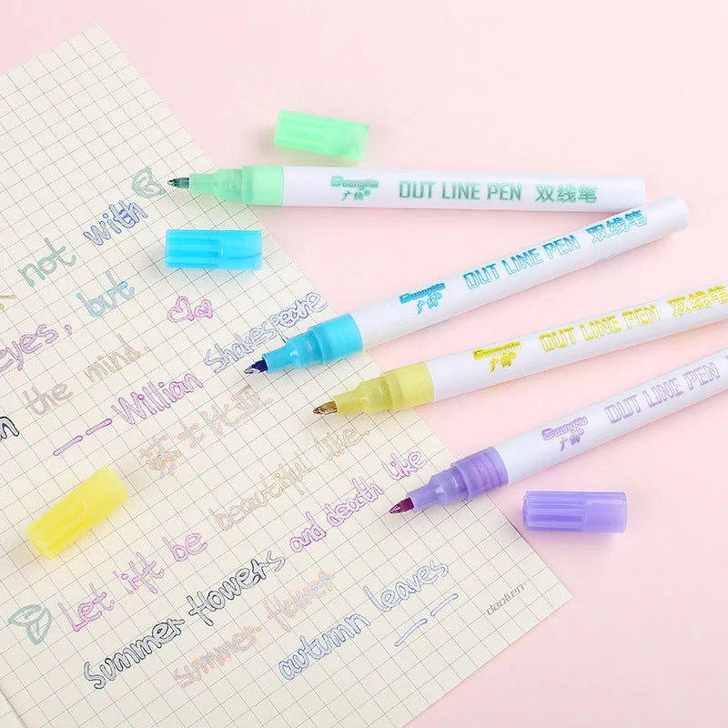 Set of eight fluorescent highlighter pens with 2mm chisel tips in a cardboard storage box.