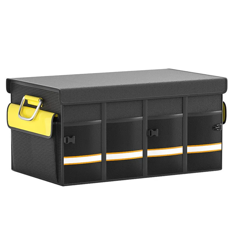 Black and yellow foldable fabric car boot storage organiser bag with a handle.