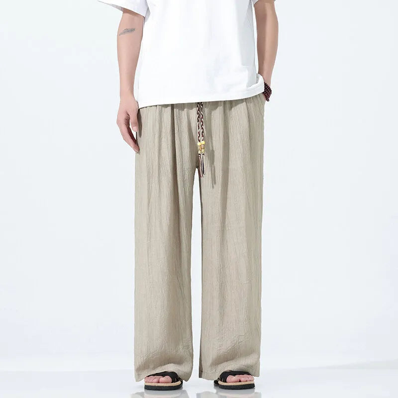 Men's bamboo fibre straight-leg trousers in black, khaki or coffee, thin wide-leg mid waist style, sizes M to 5XL