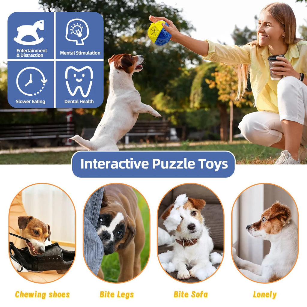 Blue chew-resistant hollow dog puzzle ball with treat openings