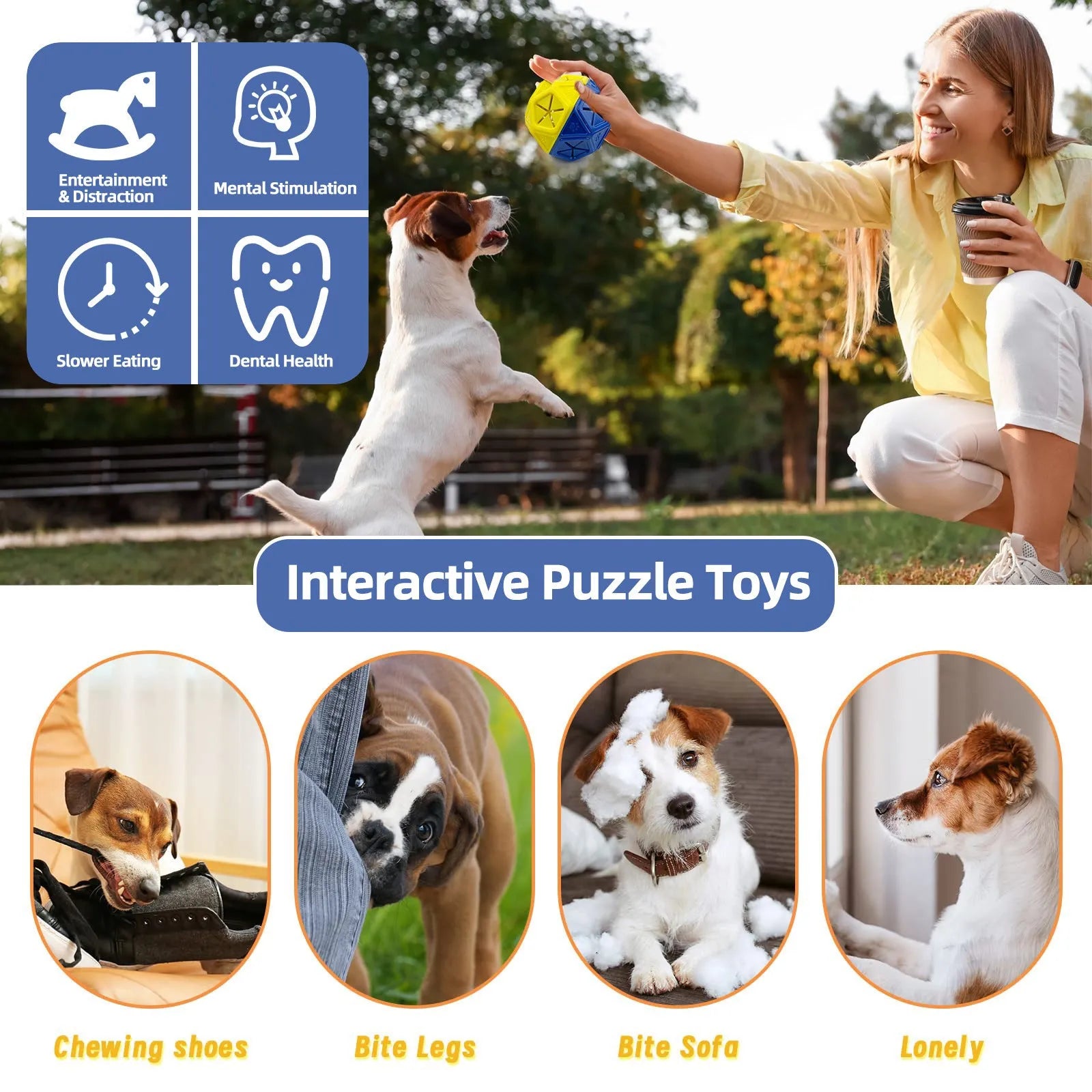 Blue chew-resistant hollow dog puzzle ball with treat openings