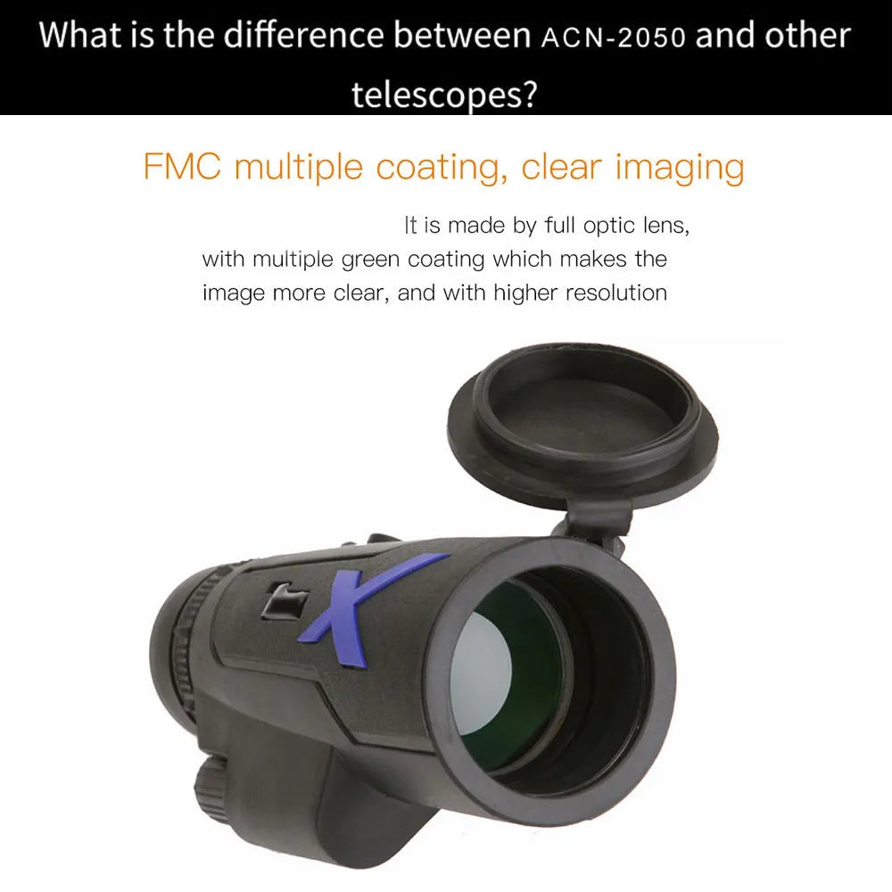 Black 20x50 monocular telescope with 12x zoom on a table