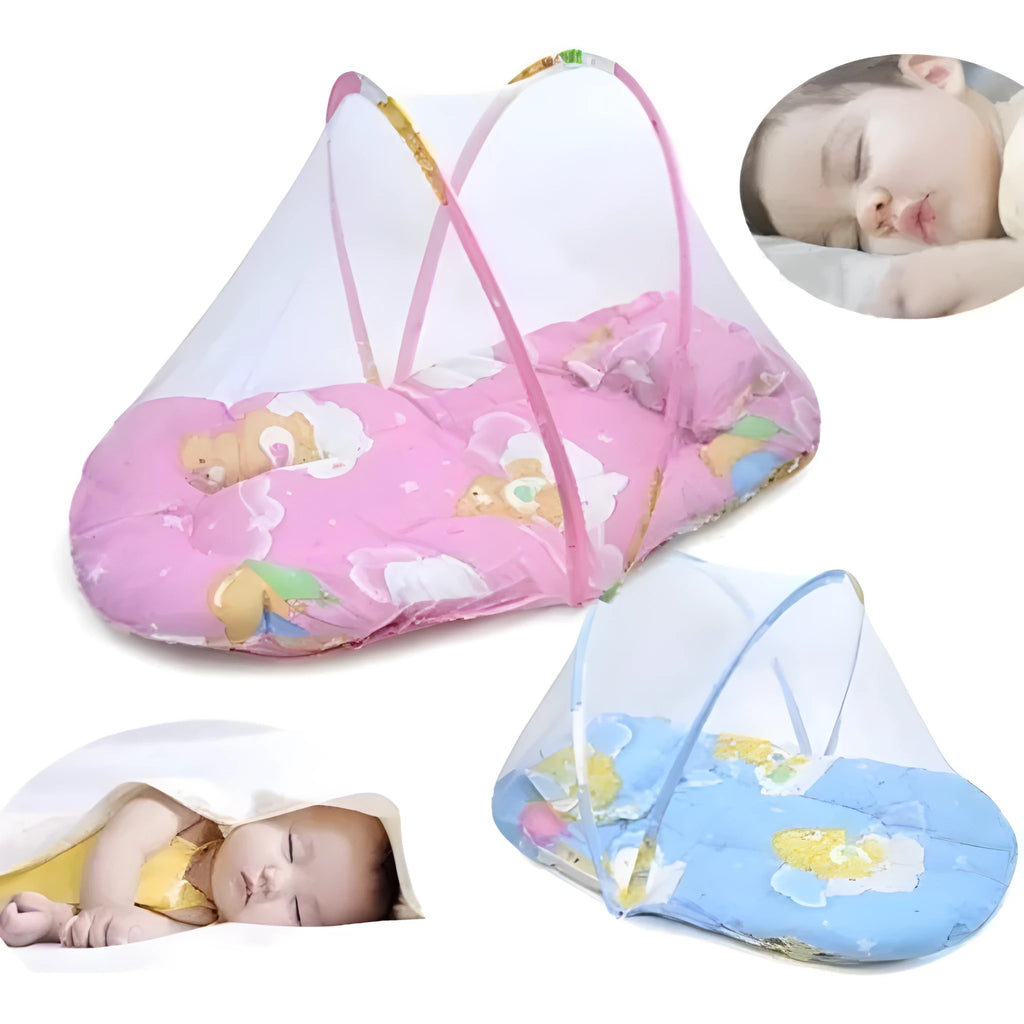 Blue foldable baby mosquito net tent with stainless steel bracket measuring 54x44cm