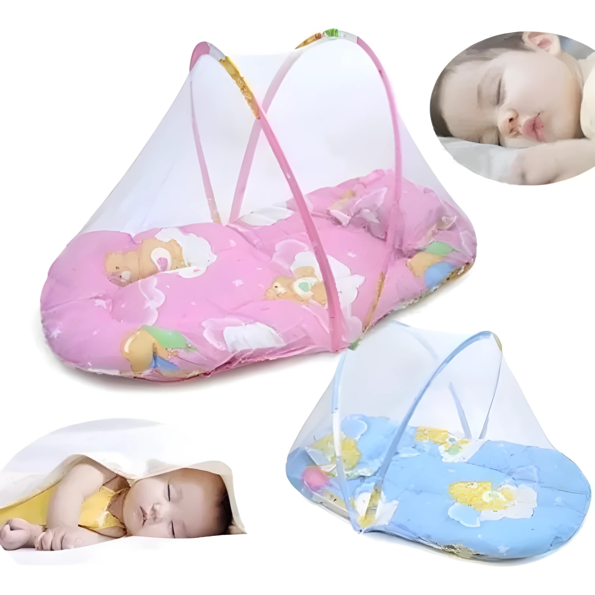 Blue foldable baby mosquito net tent with stainless steel bracket measuring 54x44cm
