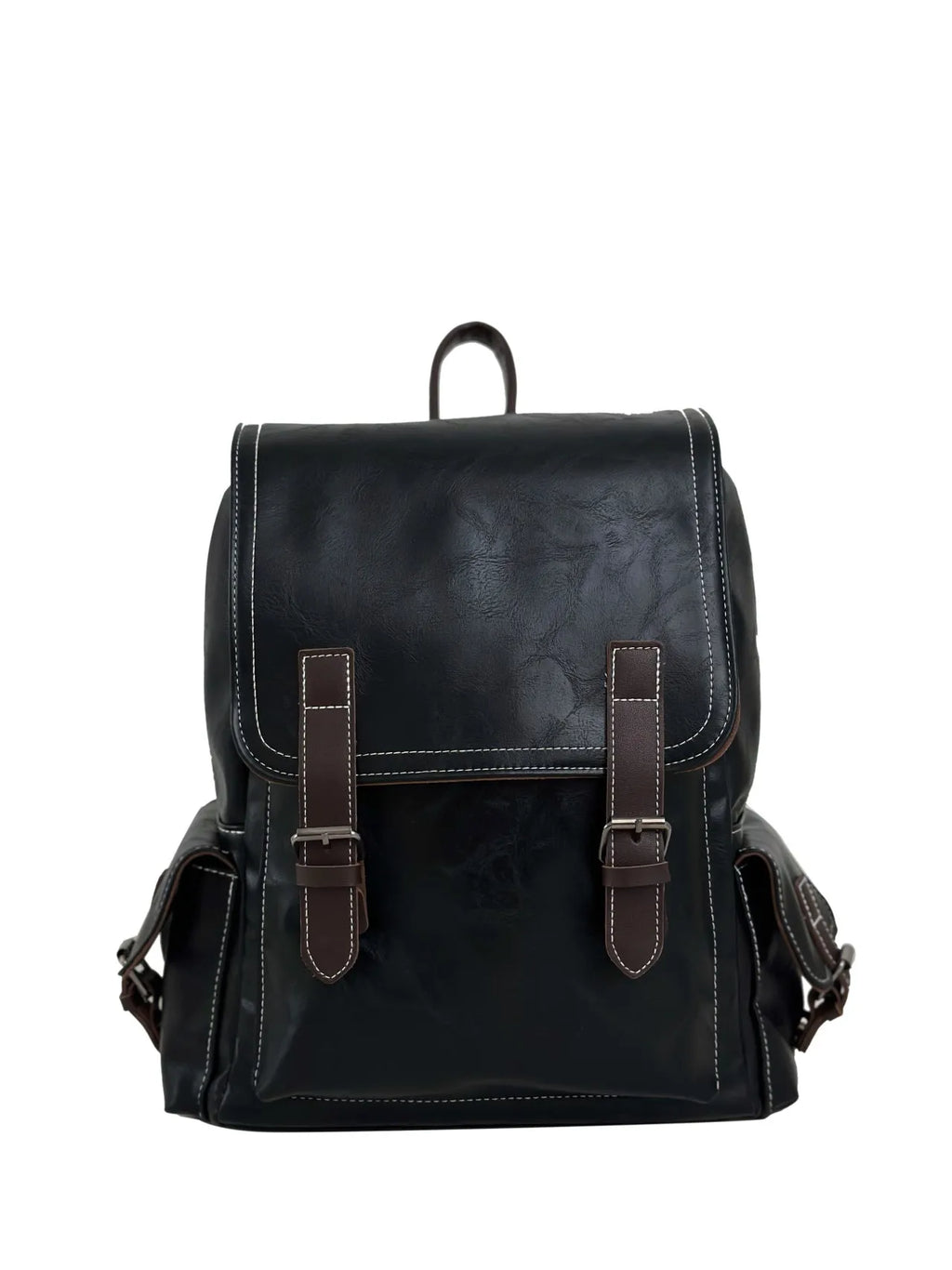 Retro leather travel backpack in black, dark brown, or brown with curved shoulder straps and 20-35L capacity