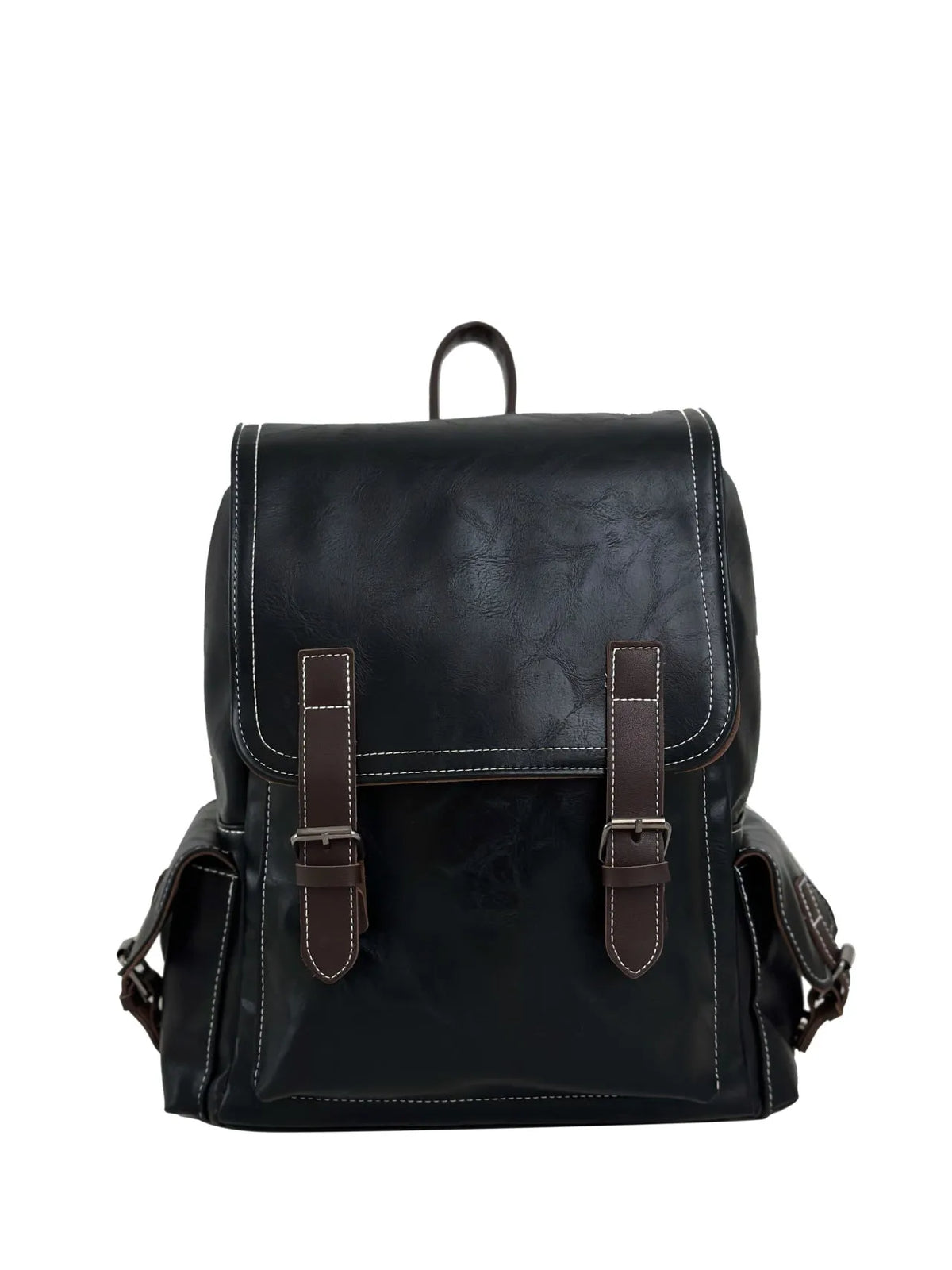 Retro leather travel backpack in black, dark brown, or brown with curved shoulder straps and 20-35L capacity