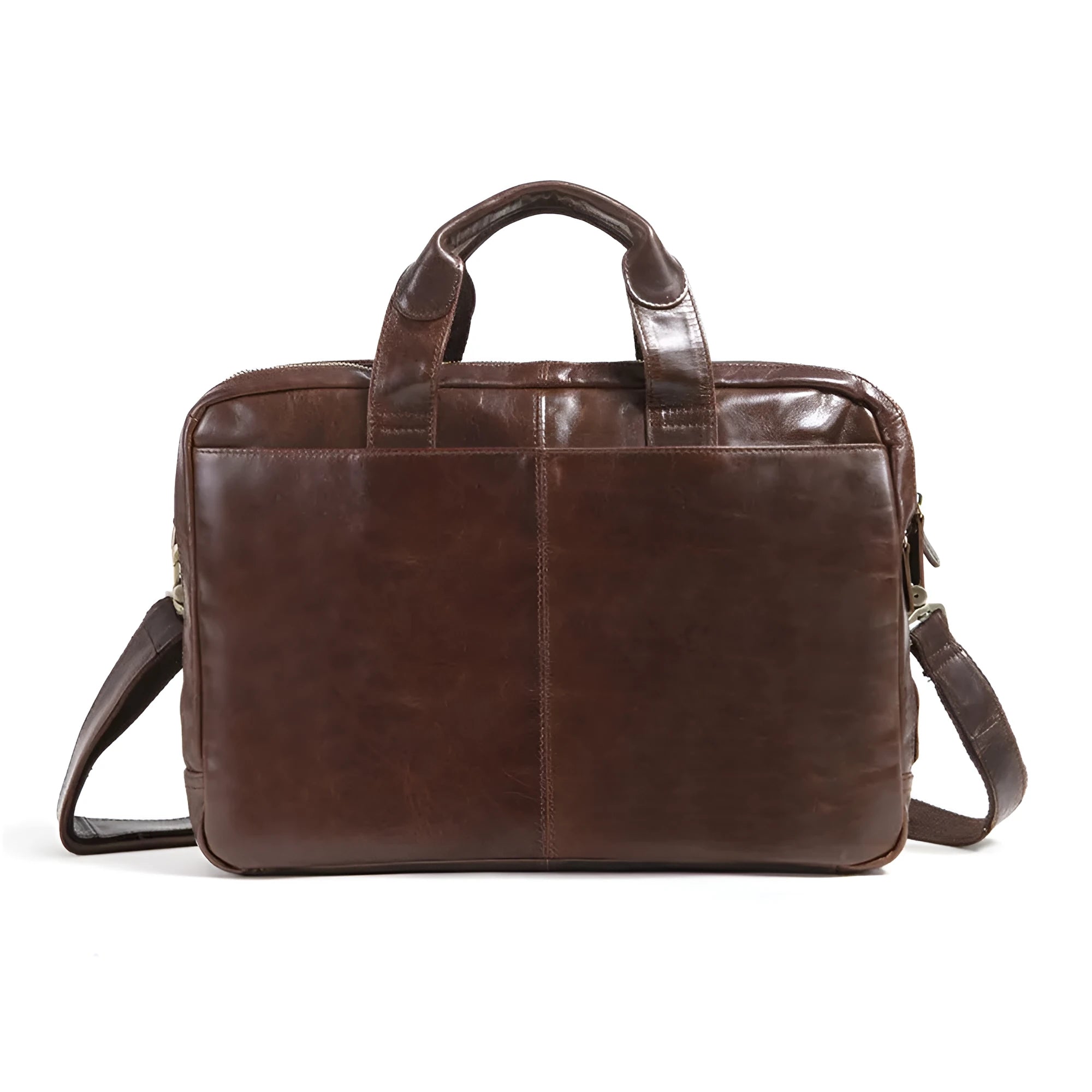 Brown leather business briefcase with 18-inch size and polyester cotton lining