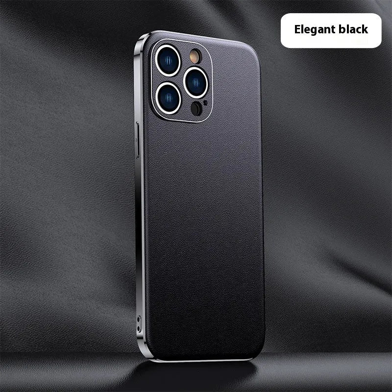 Genuine leather plating shell phone case with anti-fall protection for iPhone, plain Napa texture black