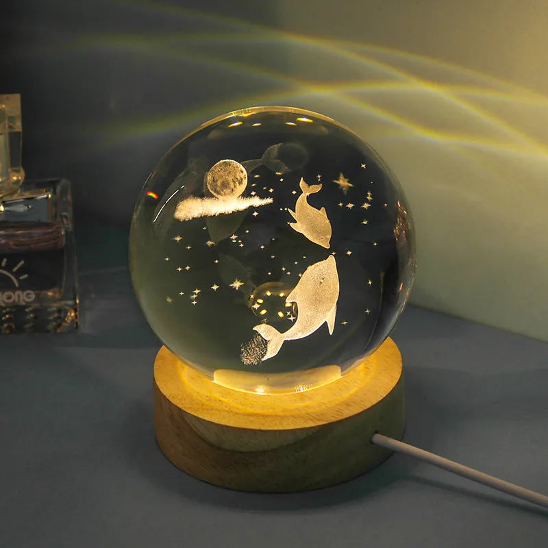 Transparent crystal ball night lamp with carved jellyfish design and USB cable