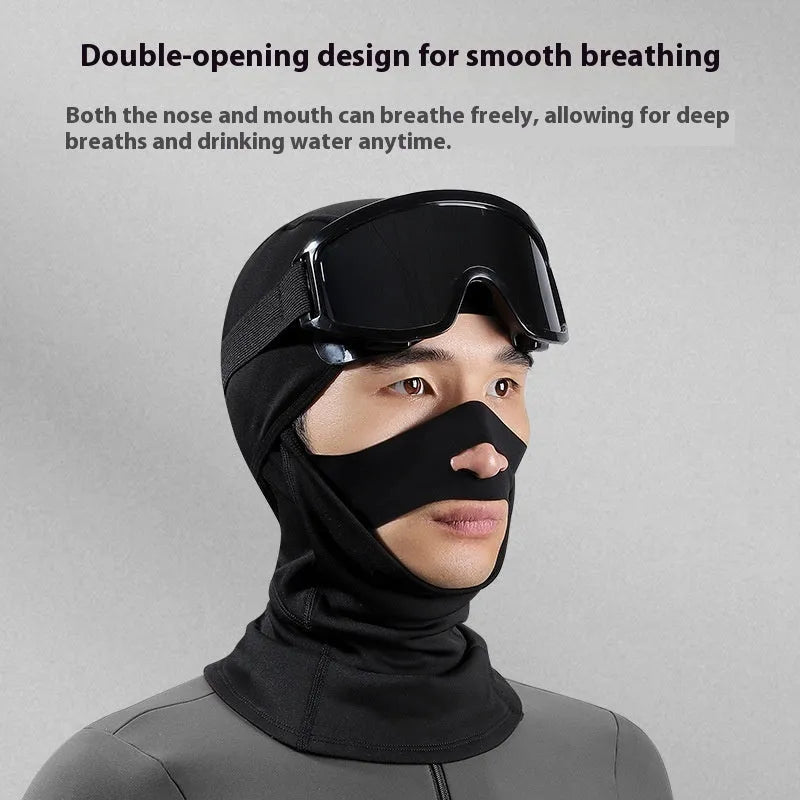 Winter polar fleece face mask in free size, unisex, shown in black, black and gray, and green colour options.