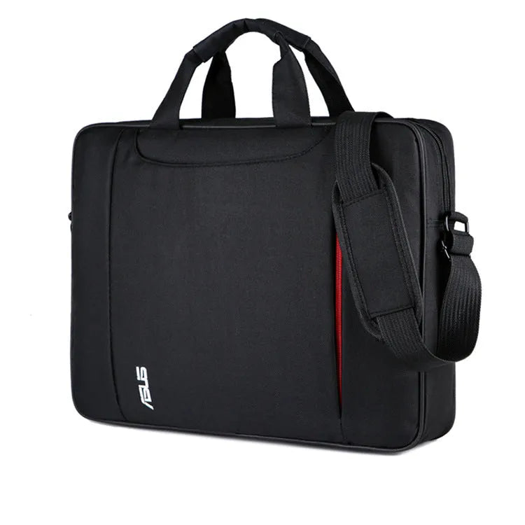 Black polyester laptop bag for 15-inch and 15.6-inch ASUS computers with shoulder strap and multiple pockets.