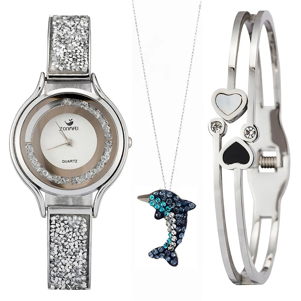 Ladies' quartz watch, 25mm round dial, alloy strap and case, Gold or Rose Gold, with bracelet, necklace and watch box