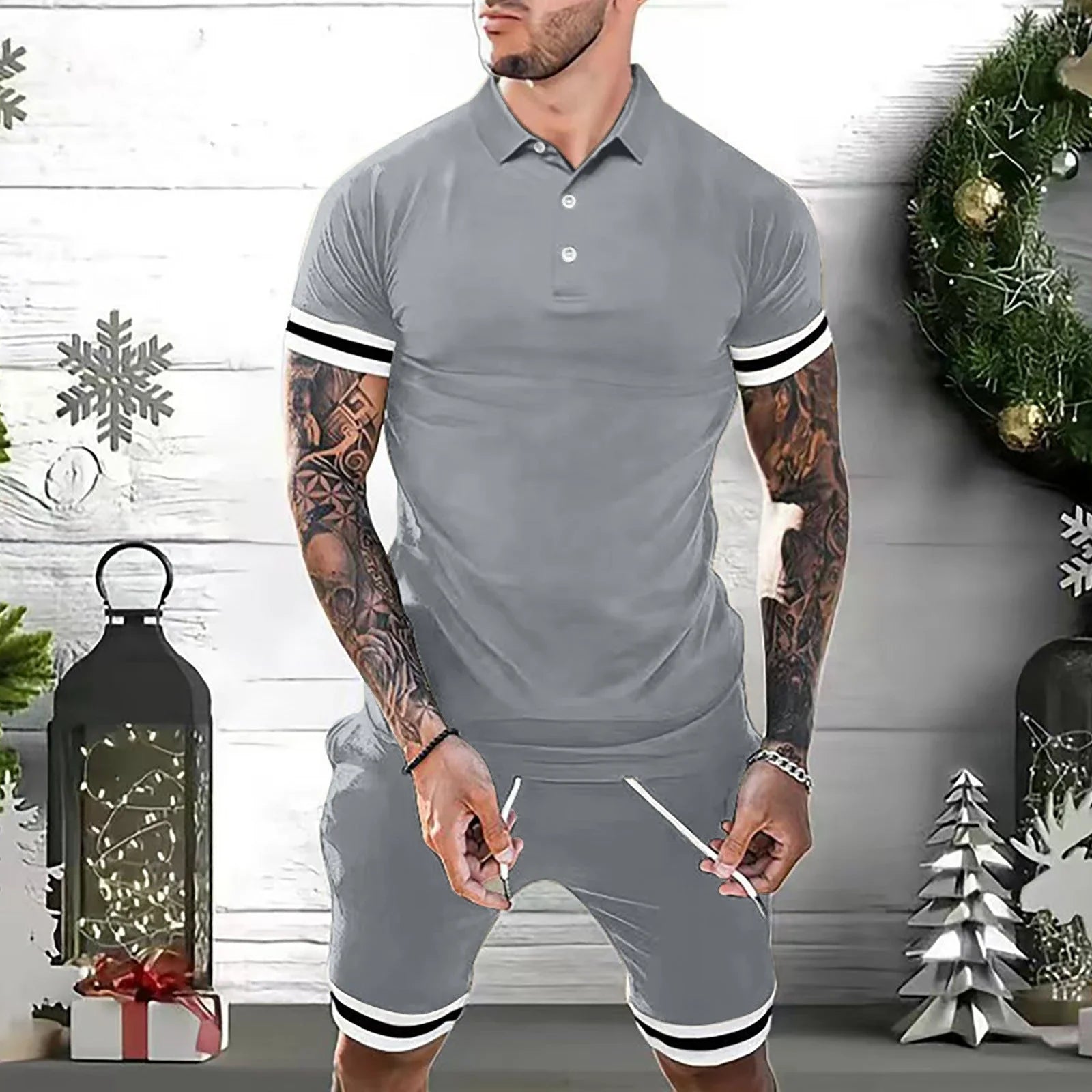 Men's 2-piece casual polo outfit in various colors and sizes, featuring a polo shirt and matching shorts for versatile styling