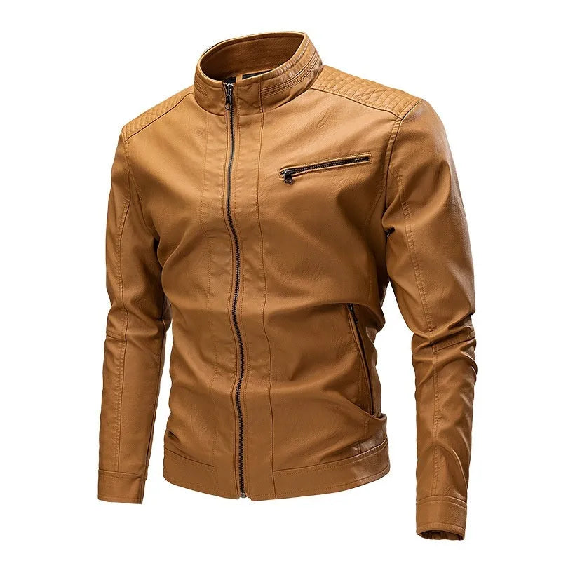 Men's PU leather motorcycle jacket with retro stitching, straight hem, available in black brown khaki and bright yellow