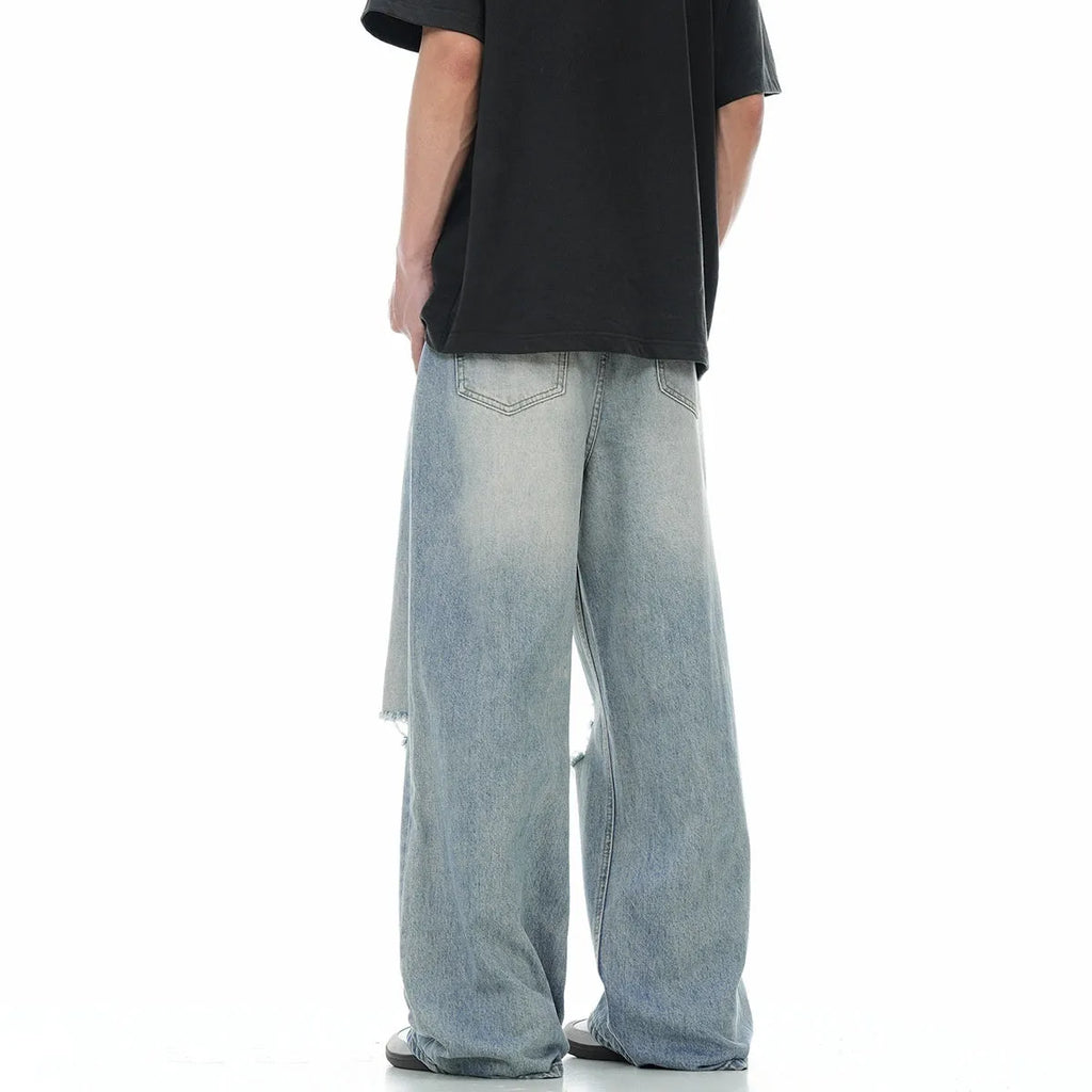 Men's blue retro straight-leg jeans with ripped detailing and cotton-blend fabric