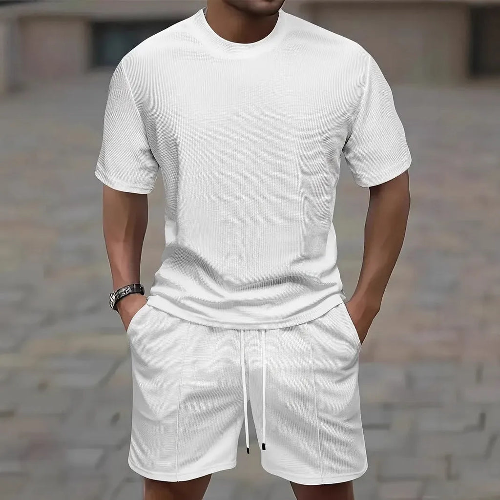 Men's waffle texture polyester summer set showing short sleeve blouse and matching shorts