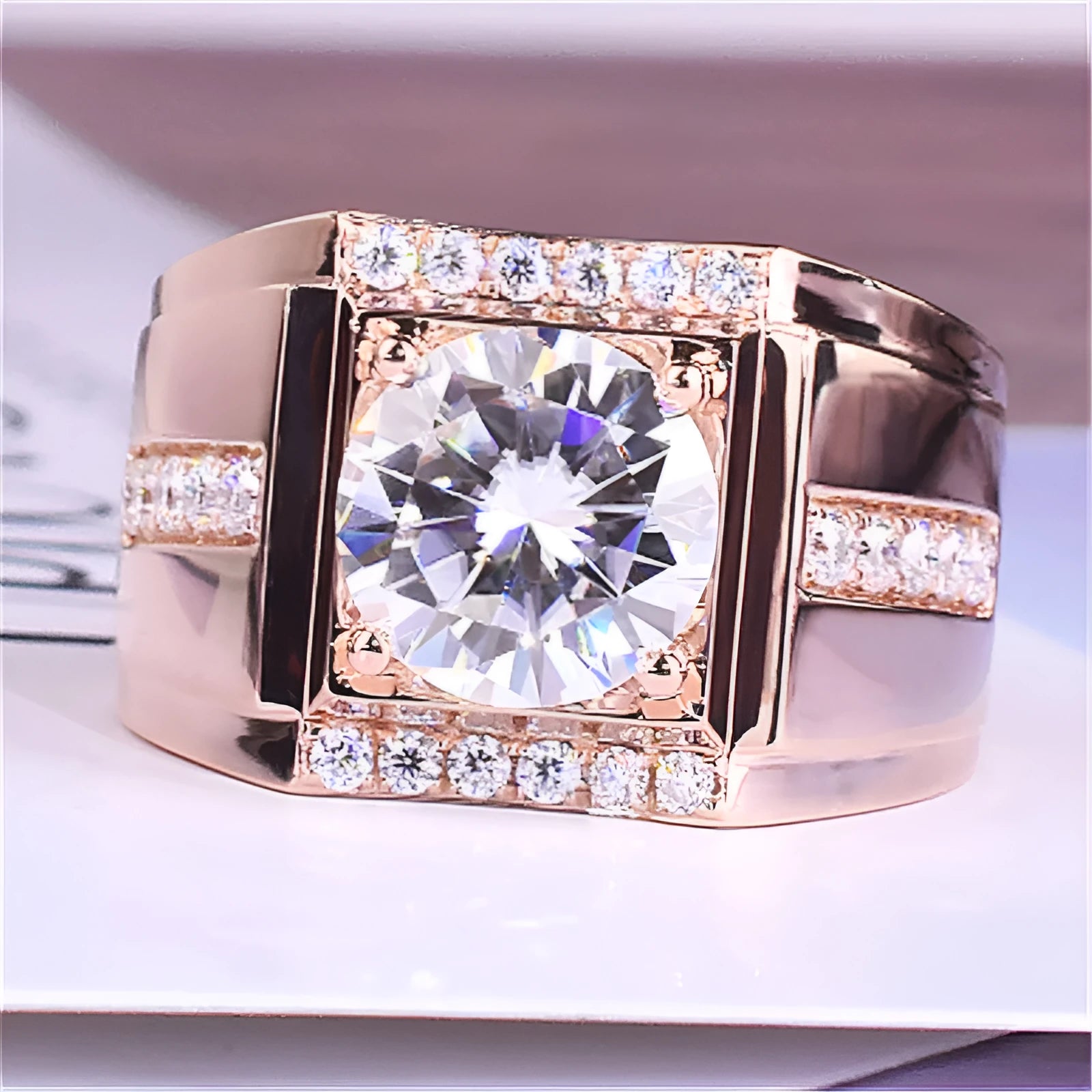 Adjustable copper men's ring with geometric diamond design in electroplated gold colour options