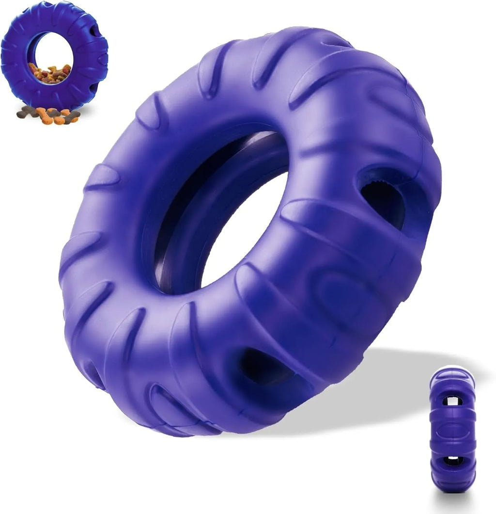 Blue tire-shaped dog chew toy with six oval openings for treat dispensing
