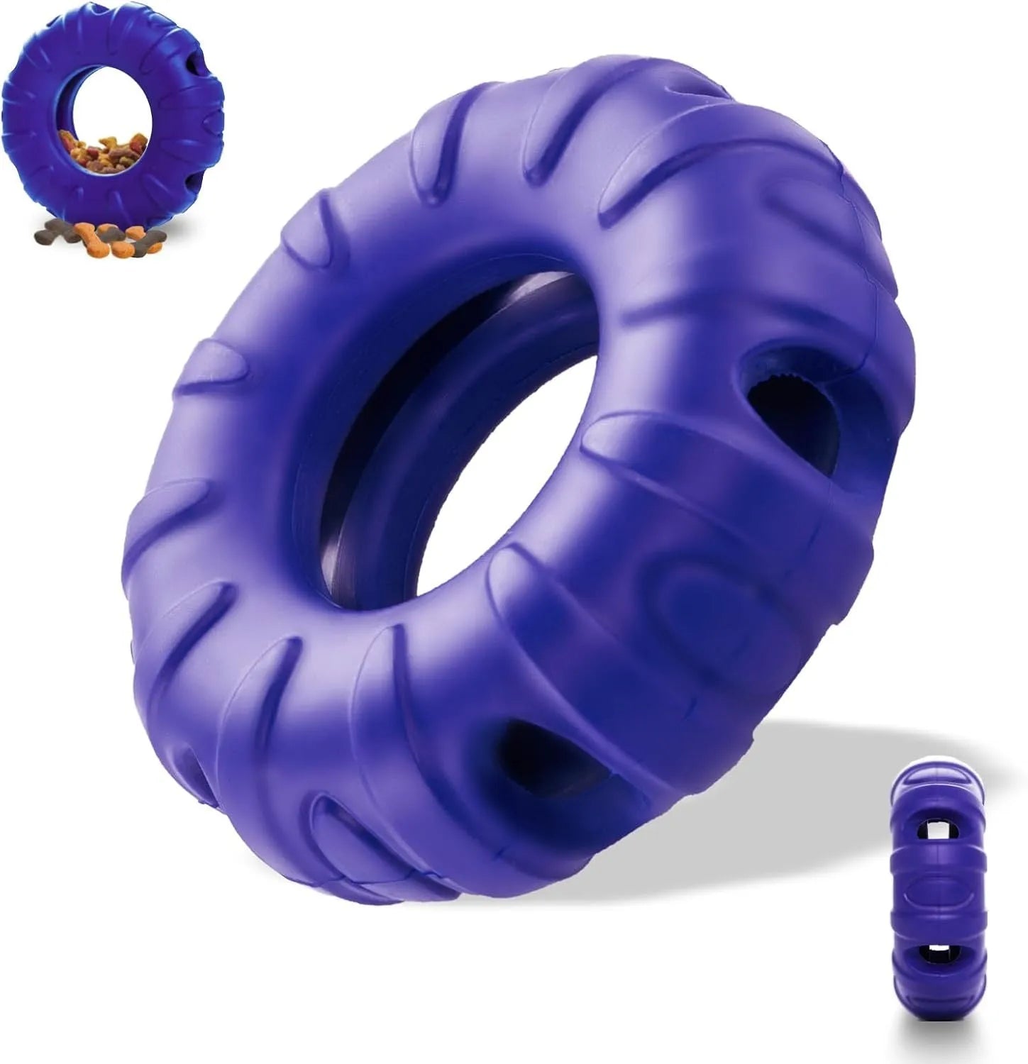 Blue tire-shaped dog chew toy with six oval openings for treat dispensing