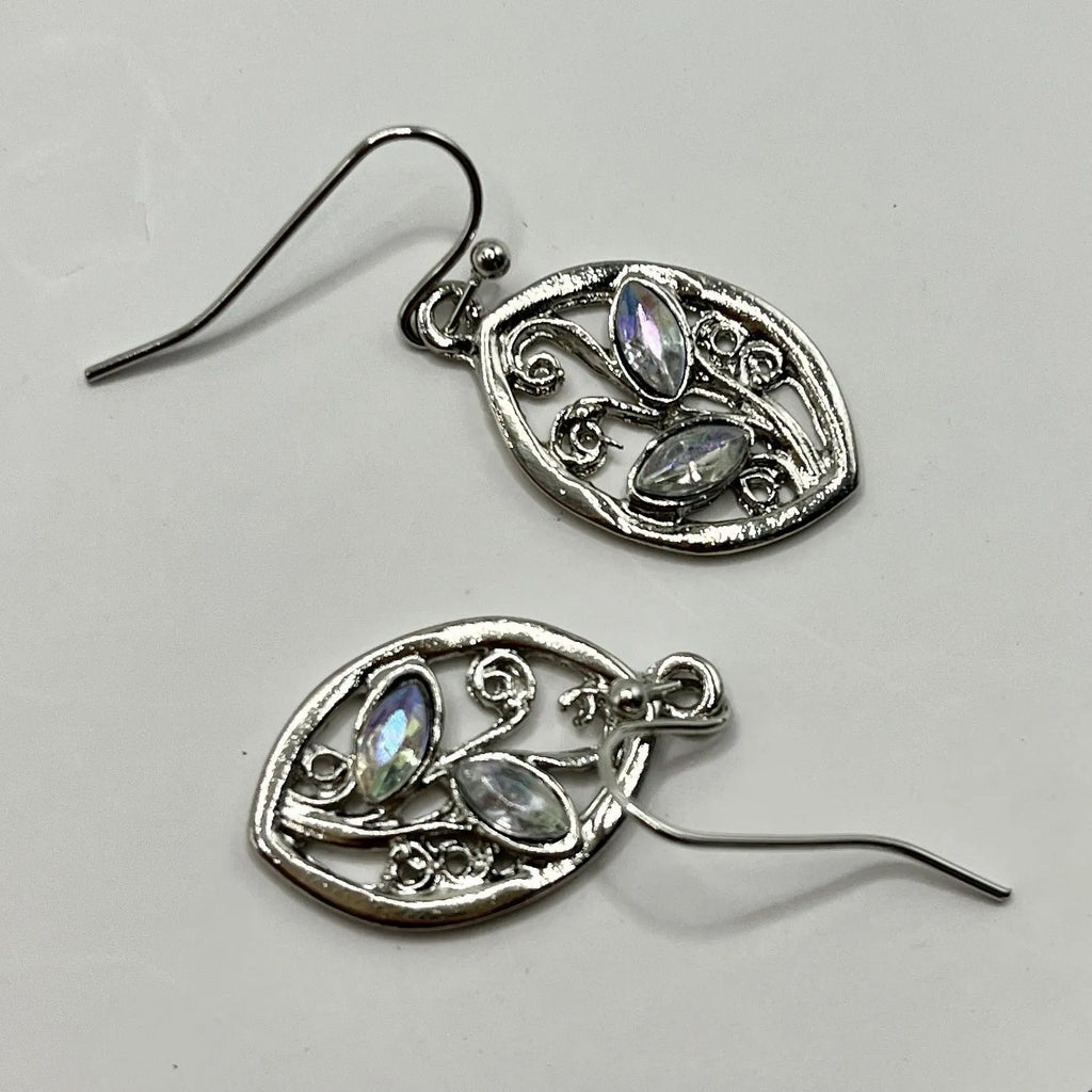 Silver alloy leaf-shaped earrings with embedded colourful moonstones for women