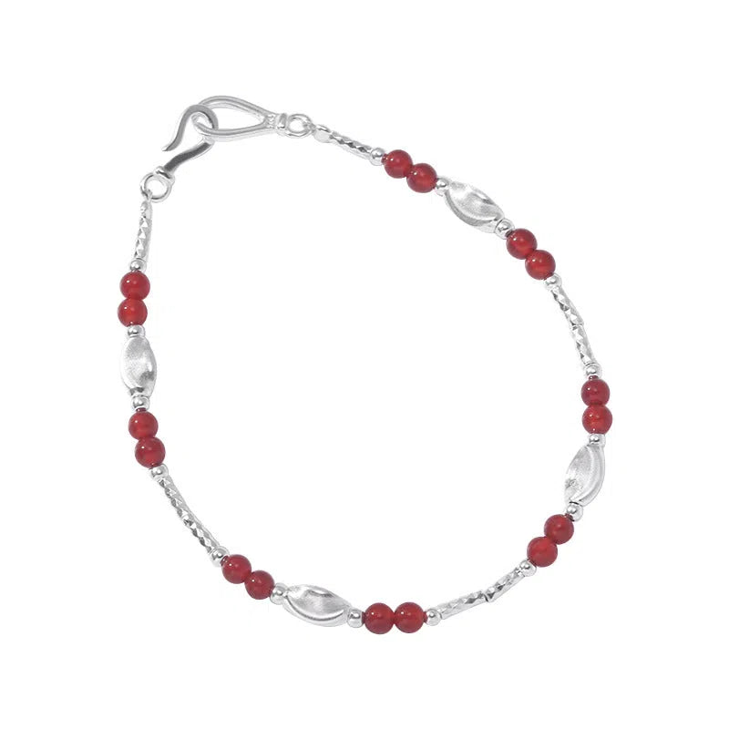 925 sterling silver bracelet with red agate carved round beads, geometric women's ins style, colour B6985 or B3050