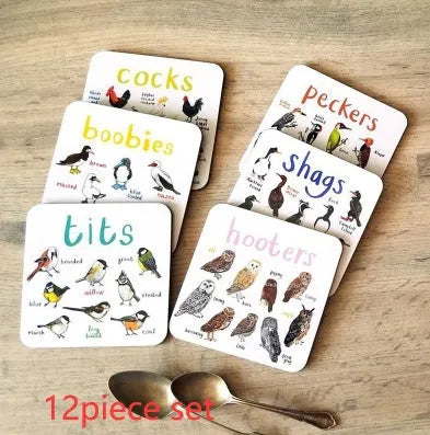 Square bird pun coasters, PVC drink mats 10x10x0.35 cm, 6 or 12 piece set with bird charts.