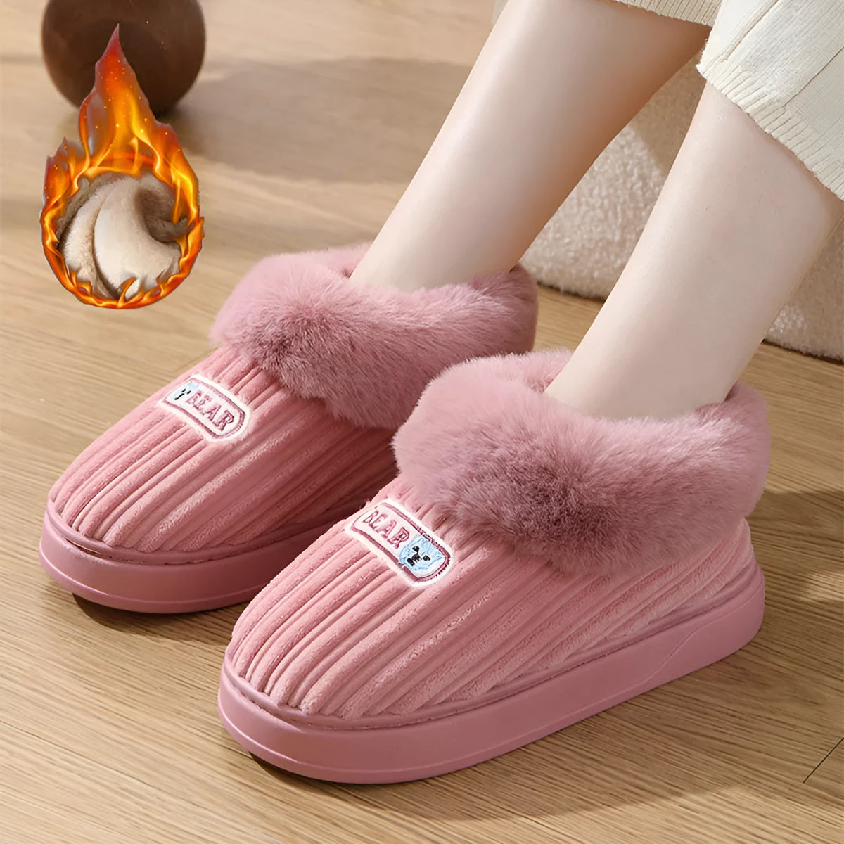 Winter warm house slippers with covered heel, cotton upper, artificial fur lining, and thick non-slip PVC sole in Coffee, Grey, Pink, and Wine Red.