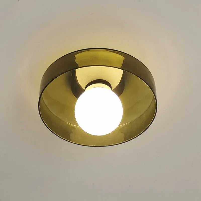 Round modern glass ceiling light with white glass shade, 25cm diameter, for hallway or porch