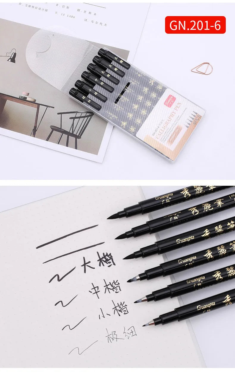 6-piece calligraphy pen set with soft brush nibs and plastic barrel in a gift box
