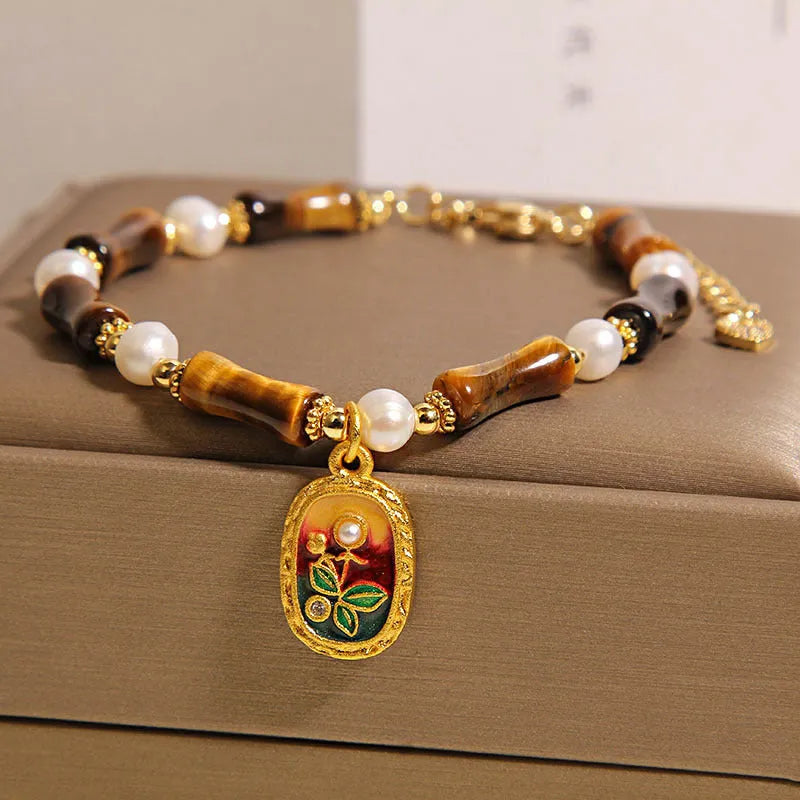 Chinese style stone bamboo glass bracelet for women in amber, green or purple colours